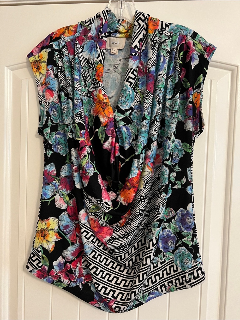 ECI Black Multicolor Floral Surplice Blouse